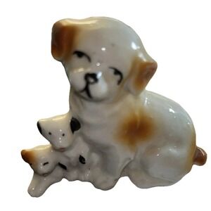 Vintage Brown and White Dog with Puppies bone china figure‎ 2.75" tall
